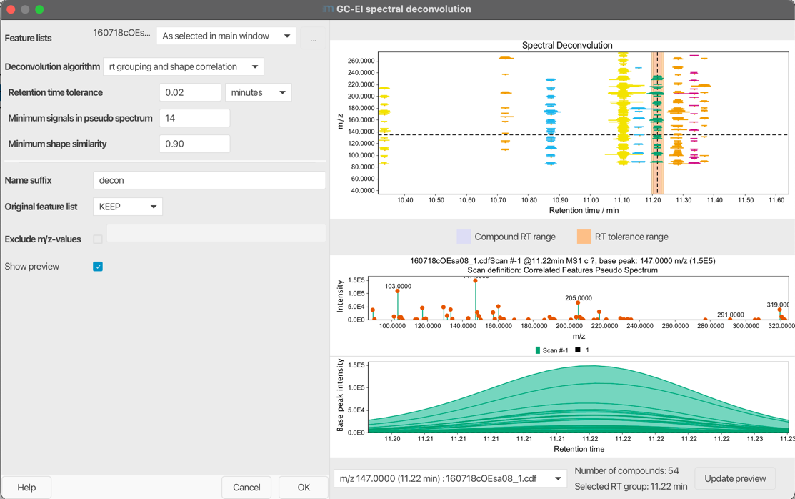 GC-EI spectral deconvolution dialog