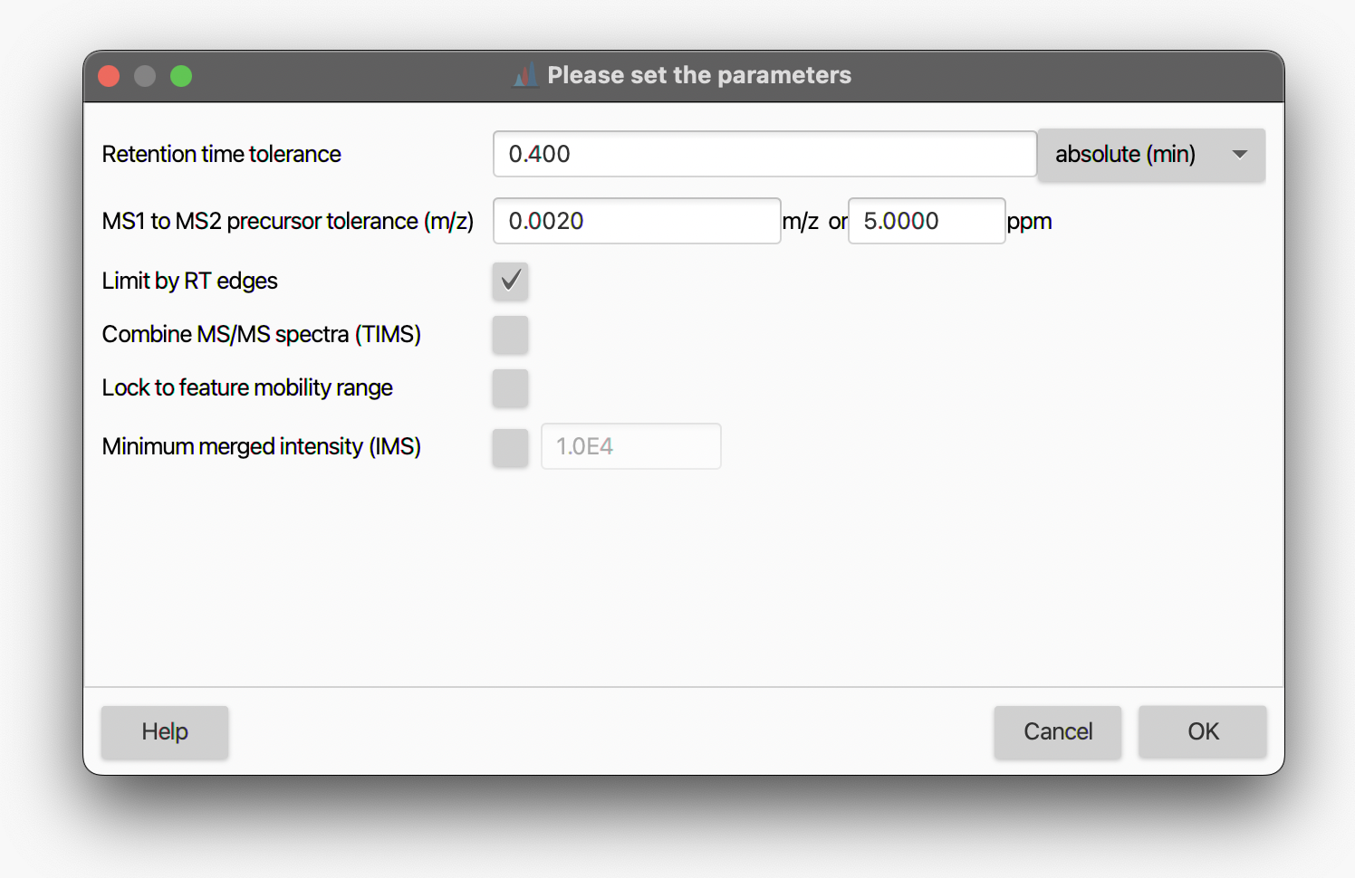 MS2 scan pairing dialog